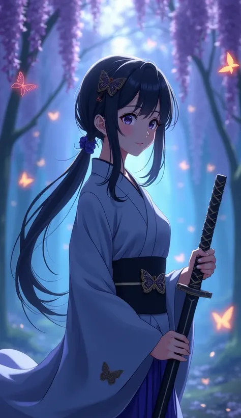 Subject: Shinobu Kocho from Demon Slayer, depicted in a graceful and poised stance, wearing her signature Demon Slayer Corps uniform with the butterfly-themed haori.

Details: Shinobu holds her slender katana with a butterfly-shaped hilt, her expression ca...