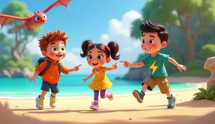 A 3D animation-style scene in a vibrant magical island with a beach. A 3D cartoon dragon is flying over a lake. Alex, Bella, and Charlie skip along the beach in excitement pointing to towards the dragon above.  
Alex is a  boy with a round face, large gree...