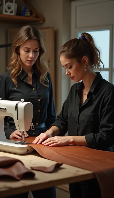 A woman sews another womans leather pants