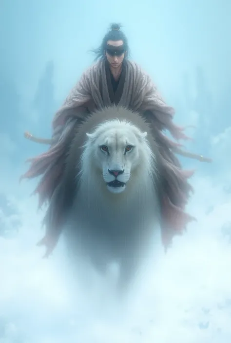 A Japanese man riding a white lion against a background of snow hills walks towards the camera 