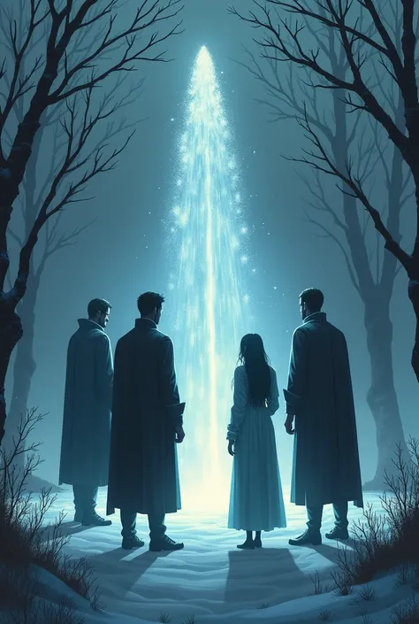 three male silhouettes and one female silhouette looking at a magic fountain in winter