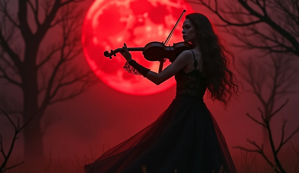 A dramatic and epic scene of a woman playing the violin under a bright crimson red full moon in a dark, mysterious setting. She wears a flowing black gown with intricate lace details, and her long hair cascades over her shoulders. The surrounding environme...