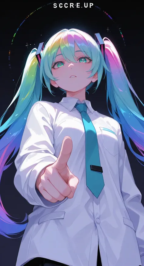 masterpiece, top quality , Great Quality, Very Psychedelic , absurd,up to date, Official Art, point of view looking up from below, ( Fajo Geno :0.5),( chiaroscuro:0.5),  Hatsune Miku , Black Gradient Background, colorful , vibrant,Shine outline,(neon:1.2),...