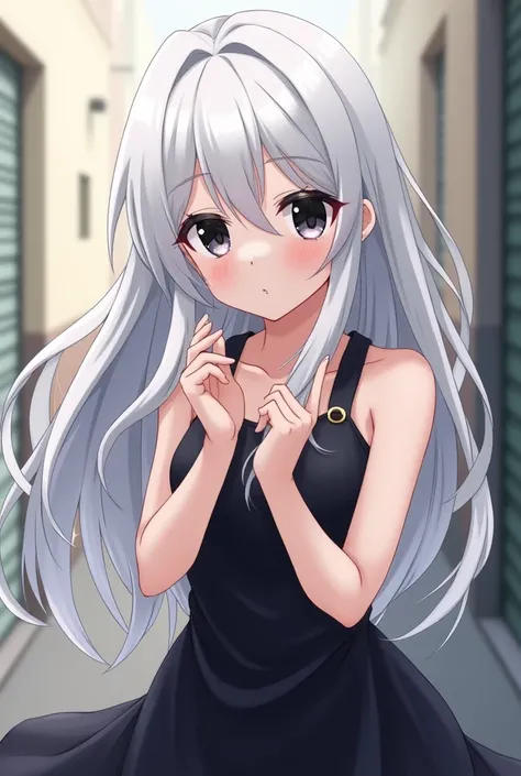  anime girl with white hair and black eyes and a black sleeveless dress, hentai 