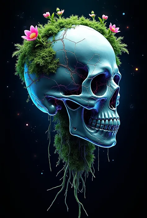 Create an image of a futuristic skull with natural elements like roots, flowers, and moss growing around it. The skull should have clear geometric lines and shapes, blending organic and artificial elements. Use neon colors like blue, green, and purple to a...