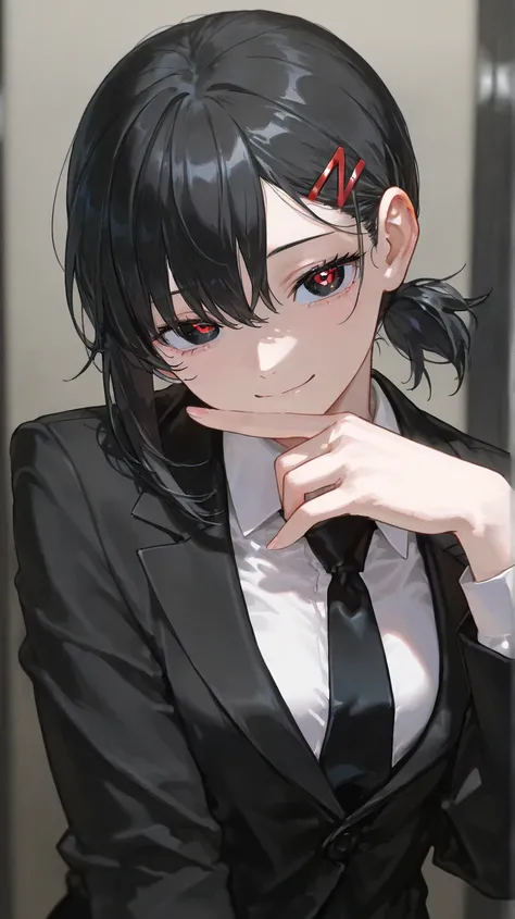 (masterpiece,  top quality ),       1 girl, smile、   Chainsaw Man    、 dongshan_Kobeni,    hair accessory is Kamui  , hair clip,    black hair,    short ponytail  , formal,    jacket,    white shirt,    black suit,   Black Tuxedo 、 black tie heart eye 、