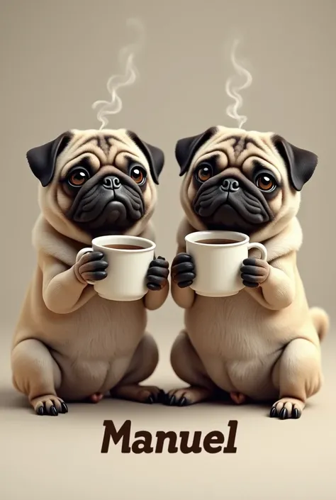 Two 4-legged pugs drinking coffee with the name Manuel underneath. Realistic 8k 