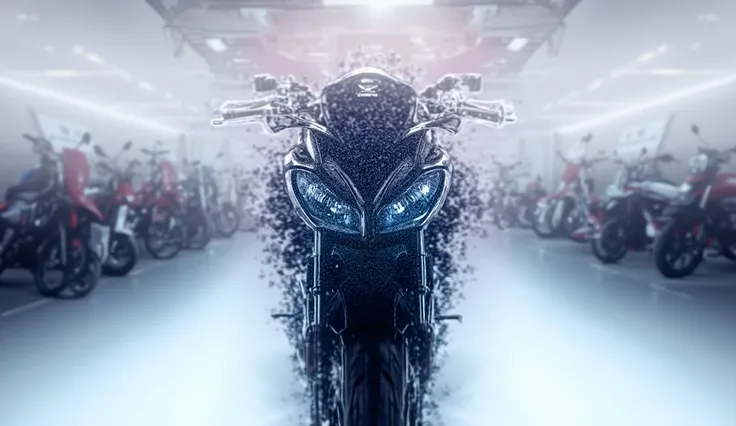 A high-quality, bold image of the  2025 Honda CB 125R from the front, with sharp details of the headlights and body, set in a sleek white luxury showroom. The Honda logo is clearly visible behind the bike, and several other motorbikes are displayed in the ...