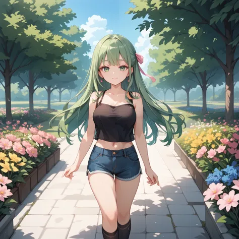 long green hair , green eyes, very short sleeveless black shirt with V-neck, shorts de academia, black knee-high socks, black eyelashes, walking in a beautiful garden full of flowers , trees behind with pink leaves and a beautiful lawn on the ground, o...