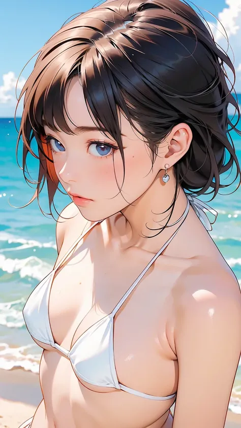 (:1.4),(Very young face), ( Famous Japanese Idol ),  1 girl,  1 girl, (  Tiny White Micro Bikini Style:1.4), Walk along the beach,  Sunshine , (masterpiece:1.0),(Highest_quality:1.0), 超 high res,4K, ULTRA DETAIL, photograph, 8k,  high res,  high res, ( Per...