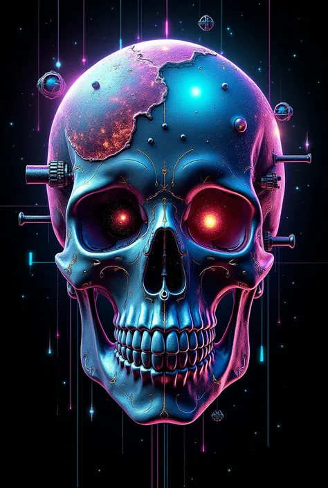 Imagine a skull composed of stars, planets, and galaxies, with space visible inside its structure. Add steampunk details like gears and metal parts integrated into the surface of the skull. Use neon lights in blue, purple, and green to accentuate areas and...