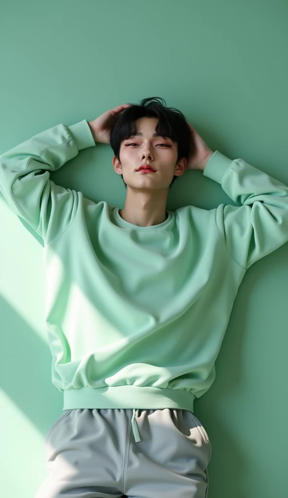 Prompt da imagem (modificado):

A 22-year-old Korean boy with slightly messy black hair, defined nose, and lips, is lying on the floor, which is entirely in a soothing mint pastel green tone. The camera view is from above, focusing on him as he lies with h...