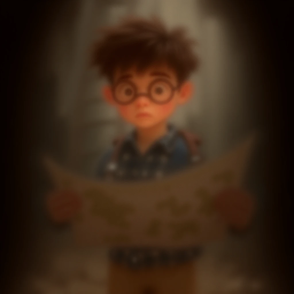 A  boy with short brown hair and round glasses that emphasize his thoughtful expression. He wears beige pants and a navy-blue checkered shirt with rolled-up sleeves. His brown eyes are focused on the map he is carefully studying. He carries a worn-out back...