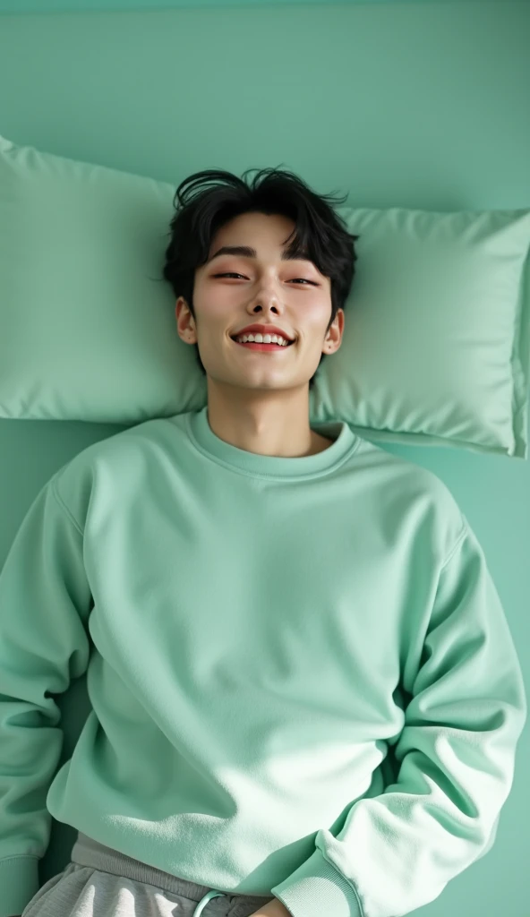 Prompt da imagem (modificado):

A 22-year-old Korean boy with slightly messy black hair, defined nose, and lips, is lying on the floor, which is entirely in a soothing mint pastel green tone. The camera view is from above, focusing on him as he lies with h...