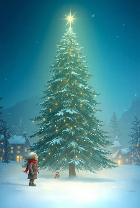  Illustration for a fairy tale about a boy, standing by the tree ,  waiting for Christmas