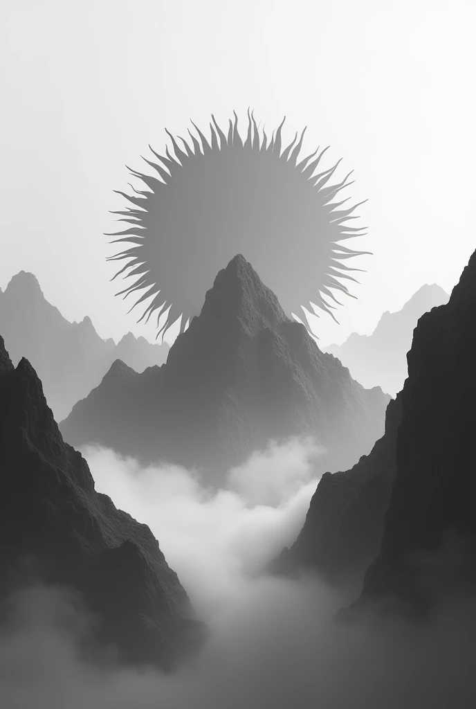 Create a sunflower-shaped black and white sun rising from mountains with a thick fog