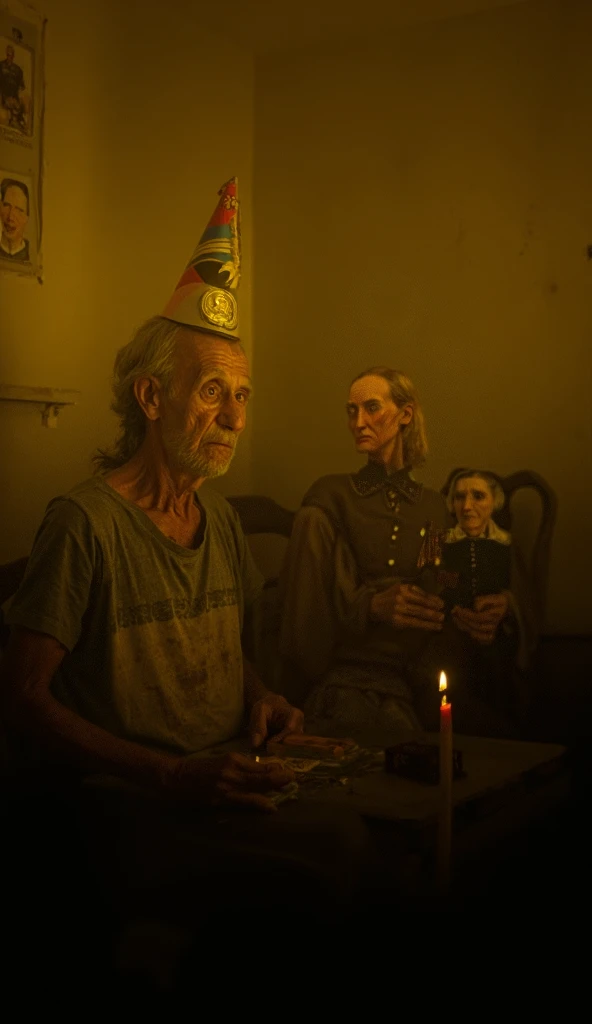 An elderly man, frail and delicate in appearance, sits on a worn, old chair in a dimly lit room illuminated by the yellowish glow of candles on the table. He is dressed in a torn T-shirt and trousers, reflecting neglect and the hardships of his life. His d...