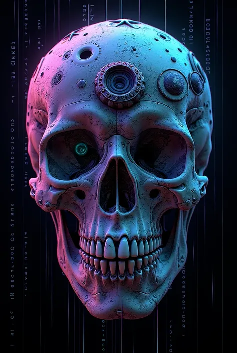 Imagine a skull composed of stars, planets, and galaxies, with space visible inside its structure. Add steampunk details like gears and metal parts integrated into the surface of the skull. Use neon lights in blue, purple, and green to accentuate areas and...