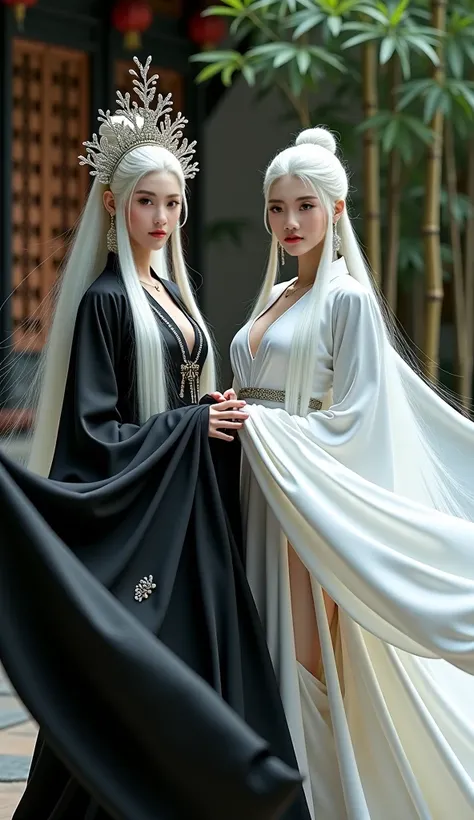 Chinese princess holding a black cloth, a woman with long straight white hair, big breasts, wearing a white Chinese dress with elegant, smooth long shoulders, an abundance of floral metal hair ornaments, high hair boxing in a deserted area, looking at the ...