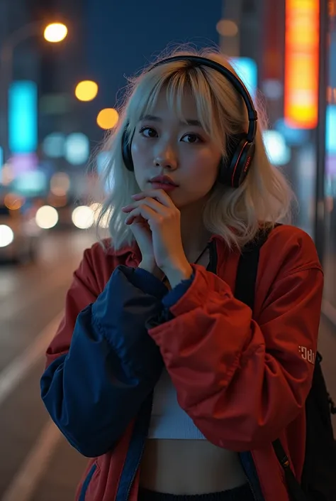  Photograph of a beautiful Asian woman , Scene at a bus stop in Seoul Korea, hugging her friend , beautiful Asian woman ,  front,  Moon appearing orange , thinking,      neon white hair ,  brown-eyed , pleated skirt, Mini skirt,  Wearing headphones on her ...