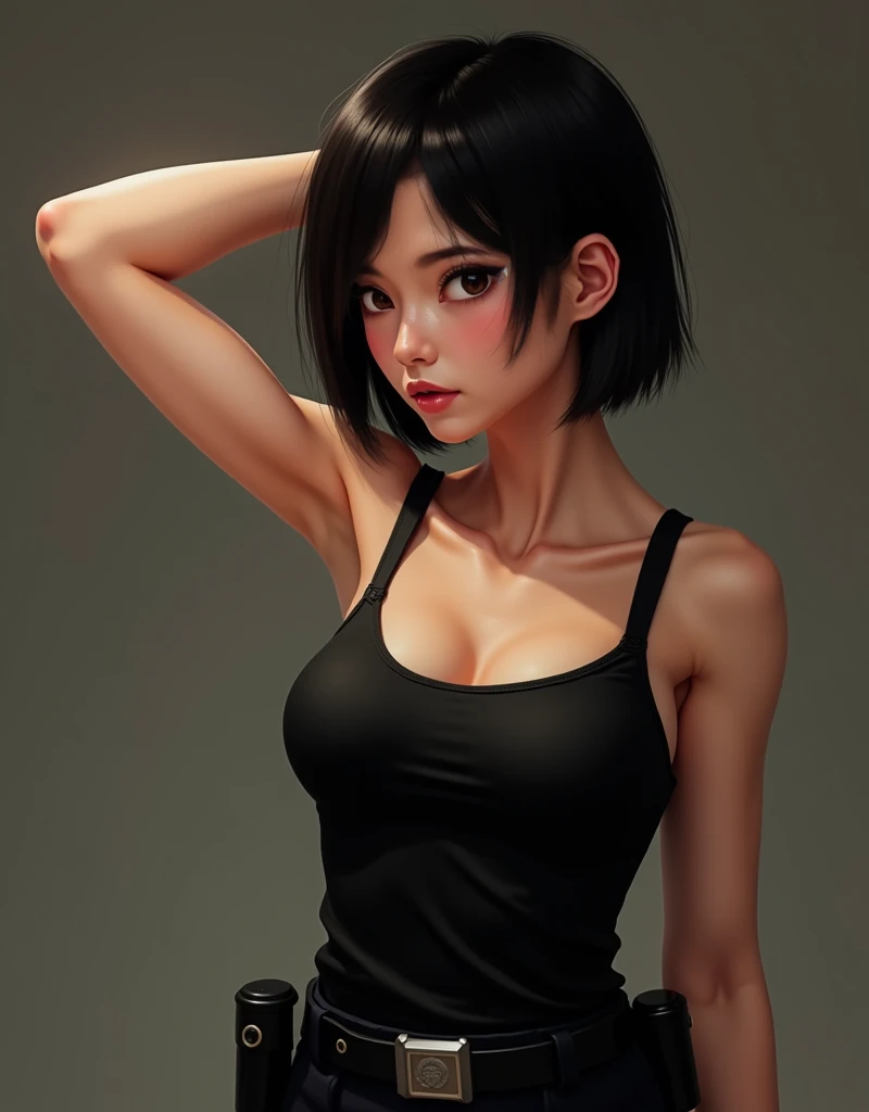 Asian Police woman, in a tight black small straps tank top, in a polices belt, Short hair, Straight black hair, raising her arm, sweating, very detailed armpit texture, at noon, very detailed armpit folds, widening armpit, hairless armpit, intimidaing star...