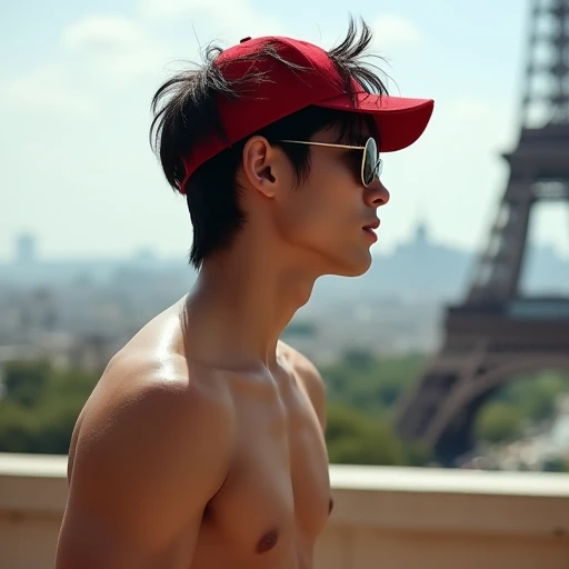  Create an image of a Korean man in profile ,  20 years old named Kim Bum straight and messy black hair ,  clear, oily and shiny skin ,  shiny lips , sorriso  sexy,  black eyes,  muscular body , defined chin ,  shirtless boxer briefs red cap sunglasses , o...