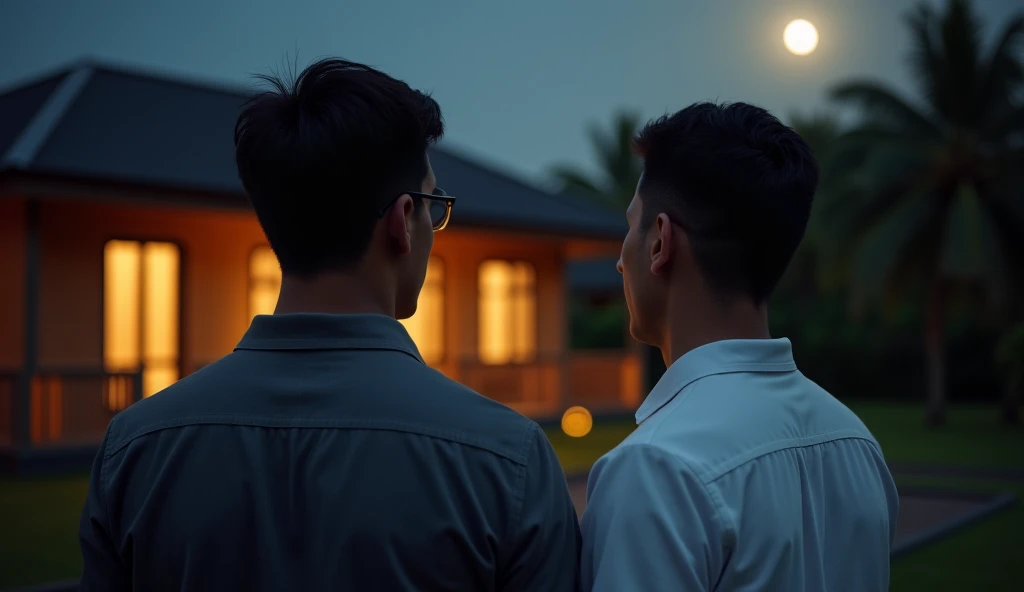 make me a 18K HD hyperrealistic photography photo showing two brown-skinned, black-haired Indonesian men wearing long-sleeved gray shirts. The two men appear to be chatting. they are facing each other, the one in the gray shirt facing the camera and the on...