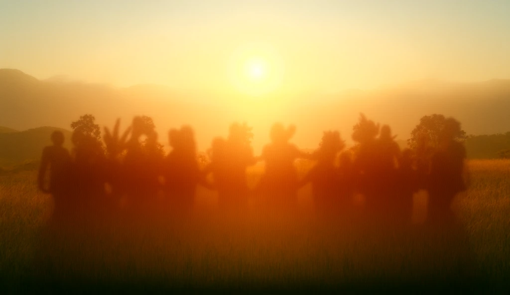 1.	 A group of people gathered in a field at sunset, holding hands and singing joyfully 