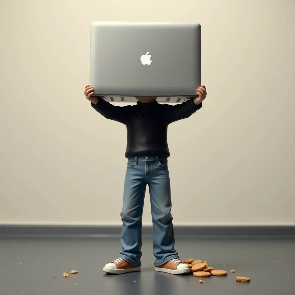 A small statue of Steve Jobs, sculpted with his iconic black turtleneck, blue jeans, and sneakers, standing with arms raised in concern, and a worried expression on his face, facing directly towards the camera. A full-sized MacBook sits beside the statue, ...