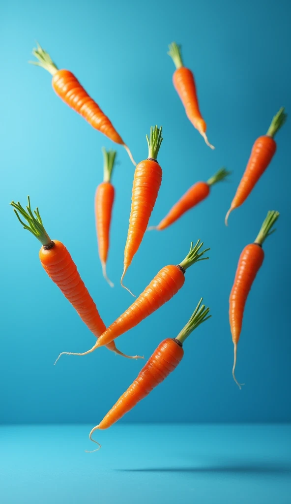 ((carrots thrown upwards)), against a blue colored wall, super sharp image, ((the details of each element look sharp, with perfect focus on the entire image without any blur or bokeh effects)), studio lighting, B-roll shoot, ,  high resolution, 4k
