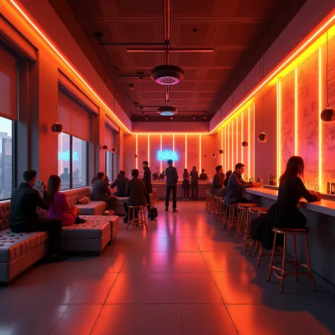 Neon lounge, with orange , and grey main color, plans