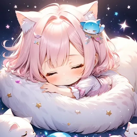 Chibi,  super deformed,  Dream Fantasy Stories ,  top quality , Super fine, masterpiece,  by Sam {x} Girl with a Cat, Little cute girl sleeping next to a huge, fluffy cute little cat, Gentle image effect with pastel glitter 