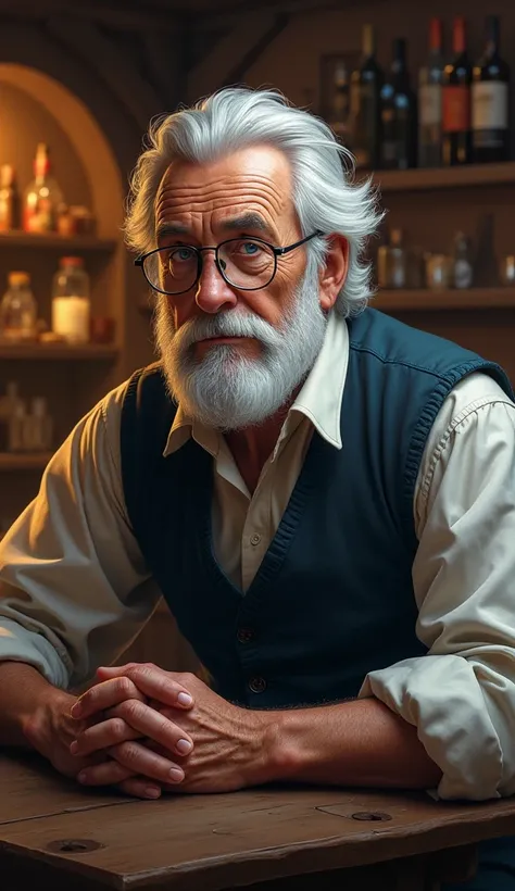 White-haired old man with blue eyes looking forward with glasses in a tavern