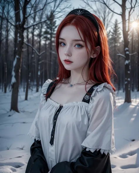 Woman with red hair,  gothic maid costume,  pale skin like brillante ,  Bright white skin , Soft, winter background: Night, blue accent , realism, photo, a real woman , 19 years old