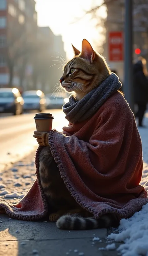 A humanoid cat wrapped in a threadbare blanket sits shivering at the corner of a busy street. Frost clings to their whiskers as they hold out an old coffee cup, hoping for spare change. The only warmth they feel comes from the faint rays of the rising sun.