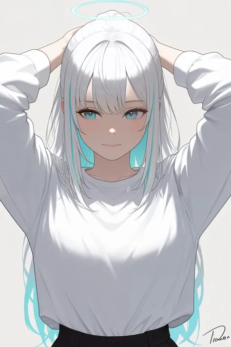  The image shows a digital illustration of a female figure .  She has long white hair that seems to flow smoothly .  The character is wearing an oversized white shirt ,  that covers part of her legs .  with a confident expression ,  she raises her arms abo...