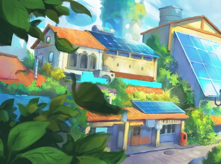 no changes to the image, higher details on the buildings according to ghibli studio painterly style 