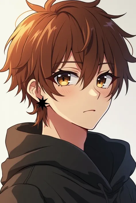  man with brown hair with copper tuft on the back of his neck and brown eyes, several moles on the face,  use some eyeliner on your eyes , Wear baggy style and black star earrings  <3 do it anime style 