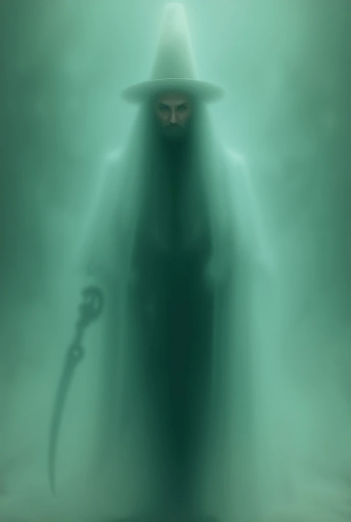  A man Handsome brother walks in a white robe, fog covers, wearing a tall hat ,  about 2m tall .  Has a long iron claw near the knee in his left hand .  Wearing a dark green suit ,  holding a flat white mask with two holes ,  young ,  attractive , silver h...