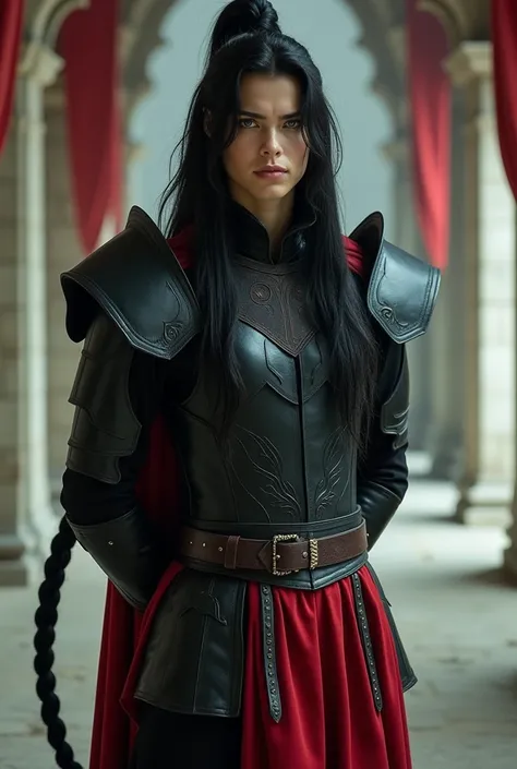 Create a beautiful prince from hell man,  long black hair tied in a tail ,  light green eyes and attractive face .  He wears black leather armor around his body with shoulder pads and a layer of red semi-transparent fabric.  He stands firmly with his arms ...