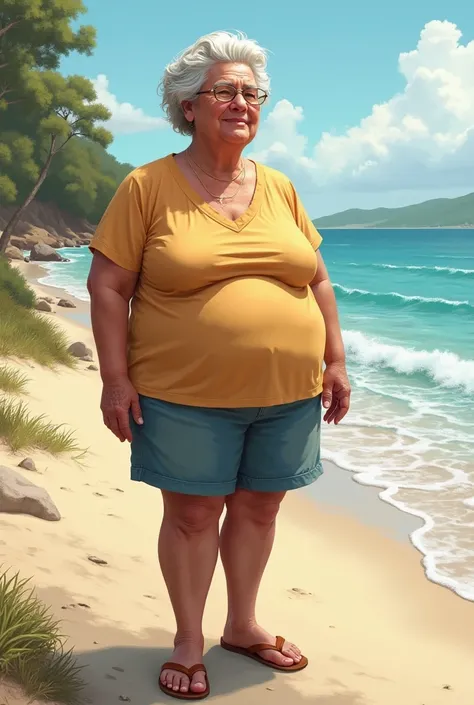 Draw a  older adult girl on the beach with big realistically

