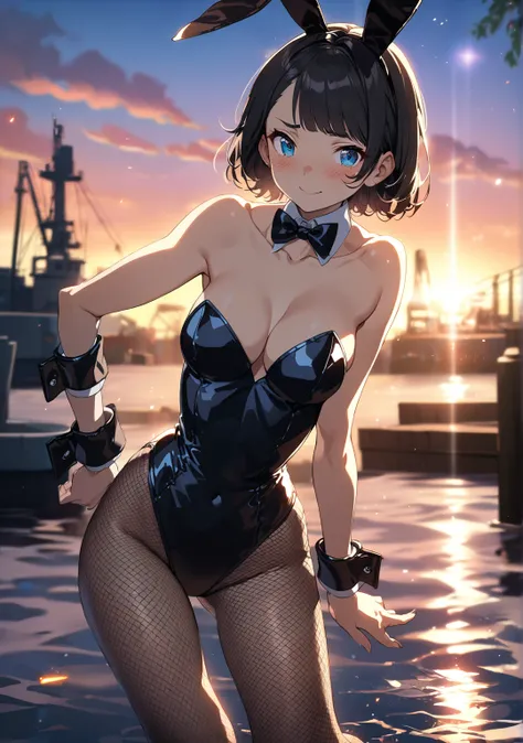 1 girl, Game CG, full body , 
shallow depth of field, a portrait with a soft Gaussian blurred background, creating a dreamy atmosphere, focus on face,
standing, sexy pose, deep cleavage, collarbone, twilight, port, Radiant smile, 

(Jetblack Hair, dark nav...