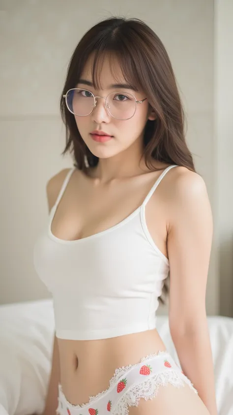 Thai woman, rounded eye glasses, navel, tight white crop tee, cleavage cutout, strawberry cute panty, sexy pose