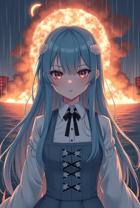 masterpiece, exquisite, illustration, {beautiful and meticulous girl}, beautiful and detailed halo, (fire of war: 1.2), (nuclear explosion behind: 1.3), rain, detailed lighting, detail water, (beautiful and detailed eyes: 1.1), expressionless, palace, sky ...