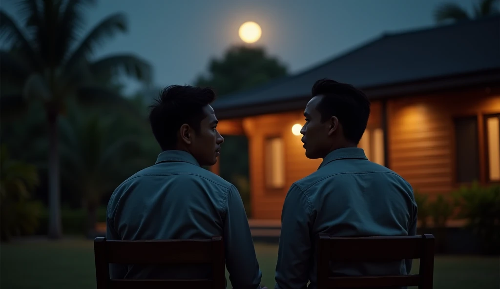 make me a 18K HD hyperrealistic photography photo showing two brown-skinned and black-haired Indonesian men wearing long-sleeved gray shirts. The two men are seen chatting. they are sitting on wooden chairs with their backs to the camera. with a blurry bac...