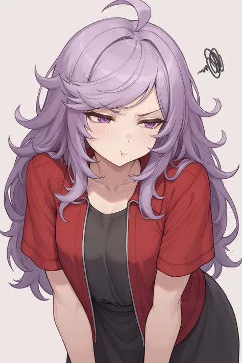 masterpiece, best quality, newest, absurd, high resolution, girl, purple eyes, purple hair, long hair, messy but not exaggerated hair, swept bangs, ahoge, pouting, cute, wearing a black dress with red details and short sleeves. On top, she wears a red jack...