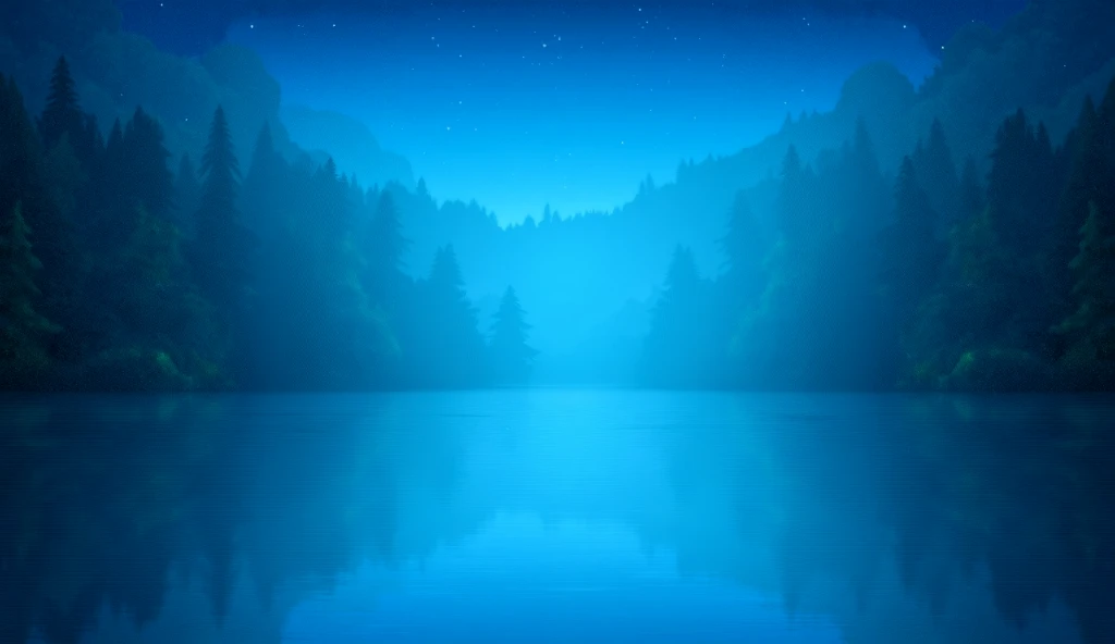 Yemyeşil ormanlarla çevrili,  Landscape of a lake glowing in deep blue.  Shining stars in the sky ,  dancing on the water surface of the lake surrounded by lush forests .  Draw realistic in animation style .