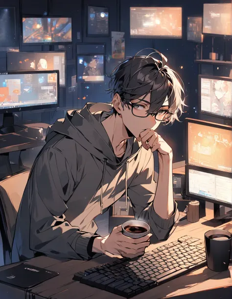 1 man、While looking at a ,  cup with a brown, short hair 、Gray Hoodie、 hooded ,  monitor with black horn-rimmed glasses, hit the keyboard with one hand , With the other hand, grab a coffee  (cool)  and take it to your mouth. .  night background,  dark ,  c...