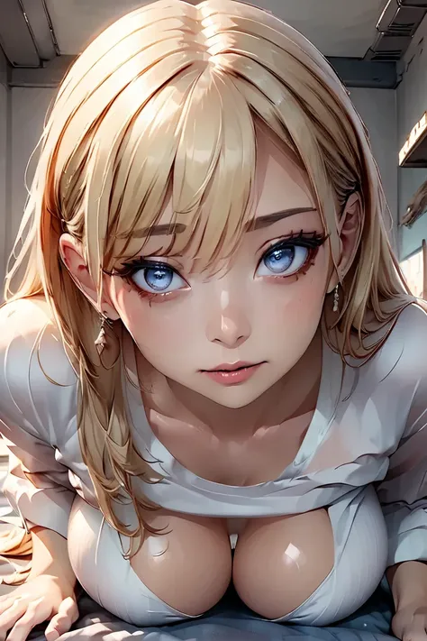 (masterpiece, best quality,super detailed ),detailed face,(big breasts:0.8),blonde long hair,white shirts,(realistic eyes),(naked),all fours