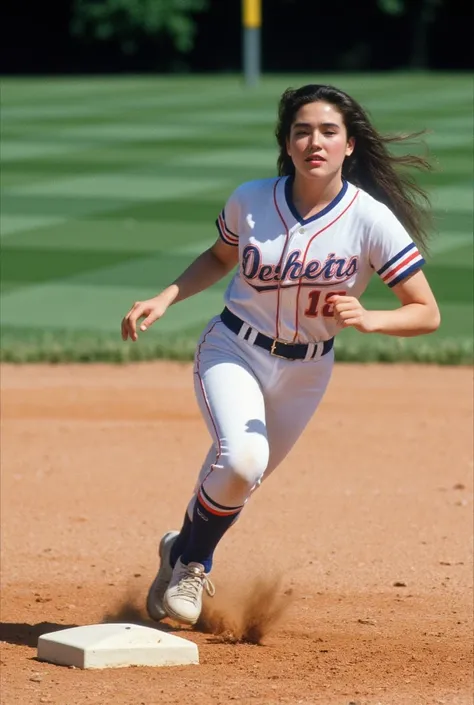 (masterpiece, best quality:1.2), a very beautiful girl, Jennifer Connelly at age 18, she is playing baseball as a base runner., she is stealing the next base with full speed., dymanic photo,